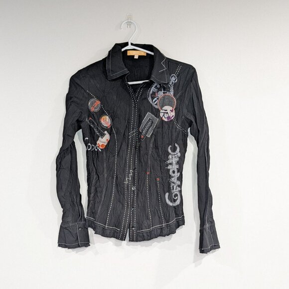 Crisca Patchwork Button Down Top with Stitching Black Size 10 UK Size 6 US - Picture 1 of 3